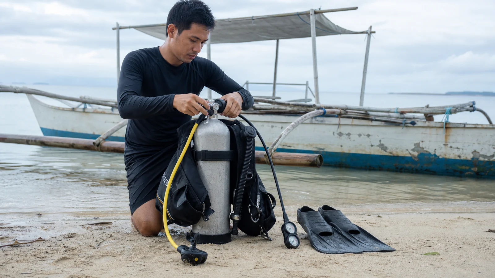 A dive professional helping a guest prepare equipment beside the water